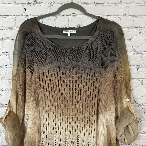Tempo Paris Brown Ombré Knit Tunic Top Womens Size S Crochet Sheer Drawstring - Picture 3 of 11